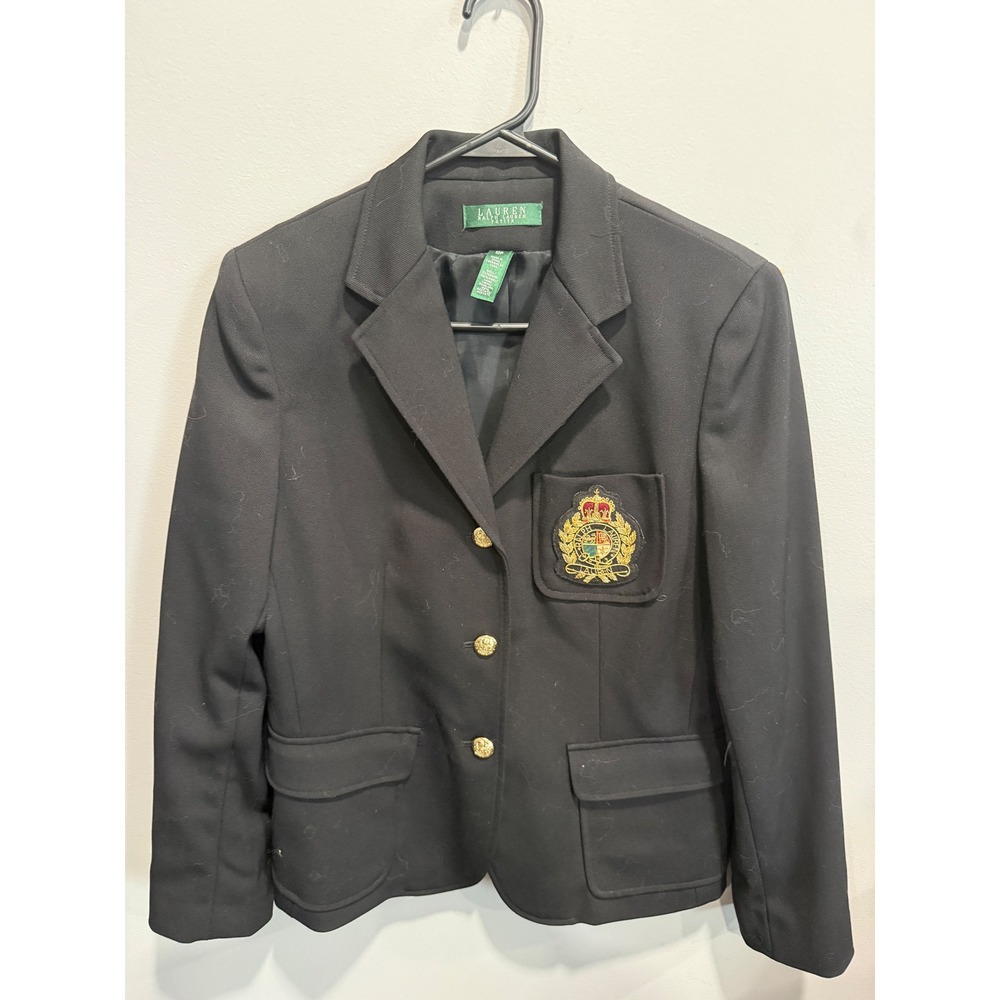 Lauren Ralph Lauren Petite Black 100% Wool Crest Blazer Gold Buttons 12P